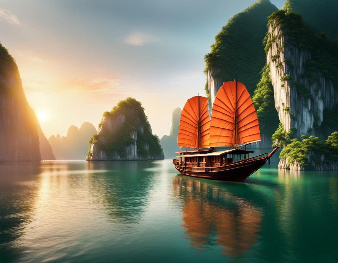 Halong Bay Sunset with Traditional Boat in 8K