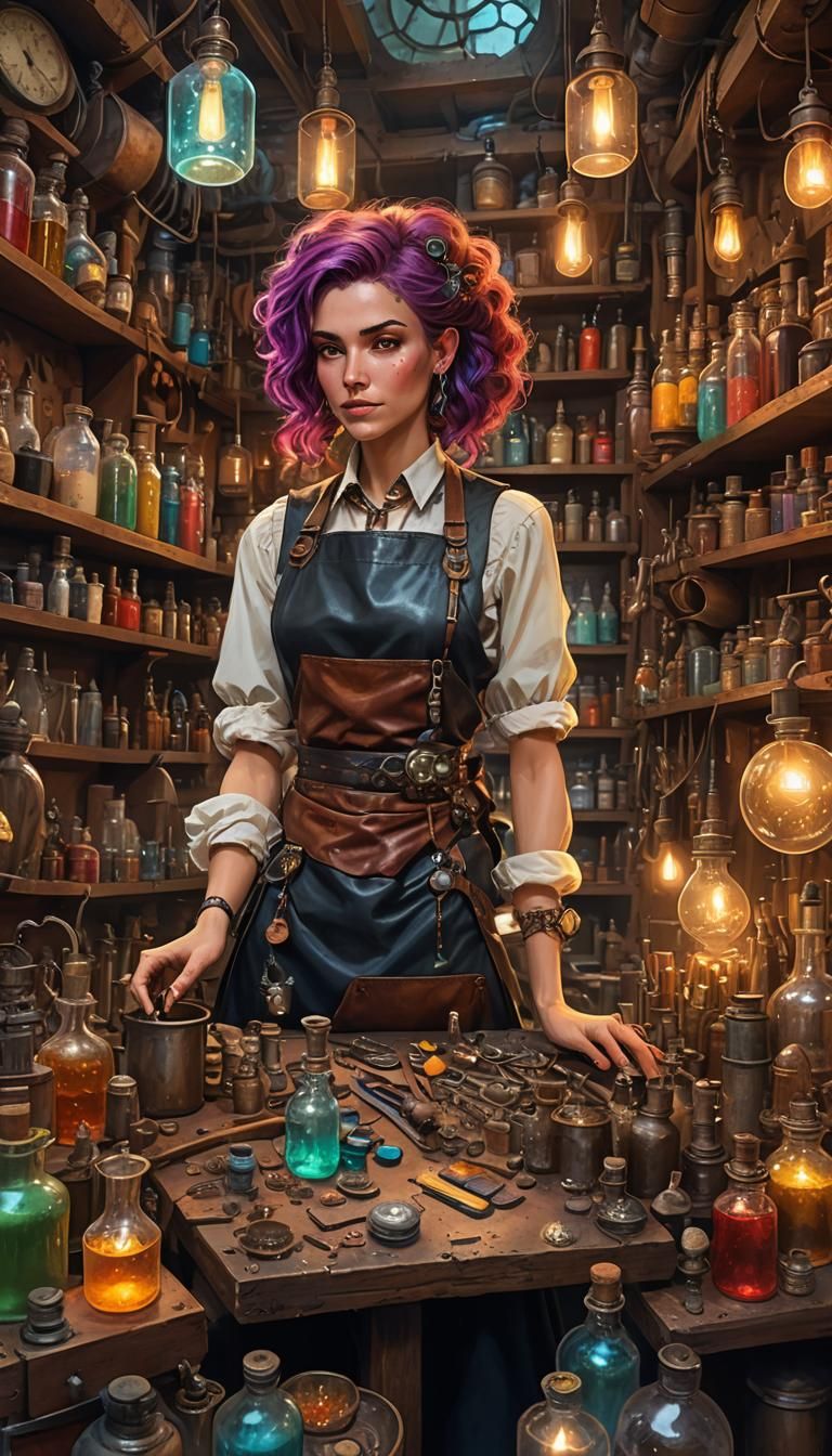 Urban Alchemist in Whimsical Workshop Scene