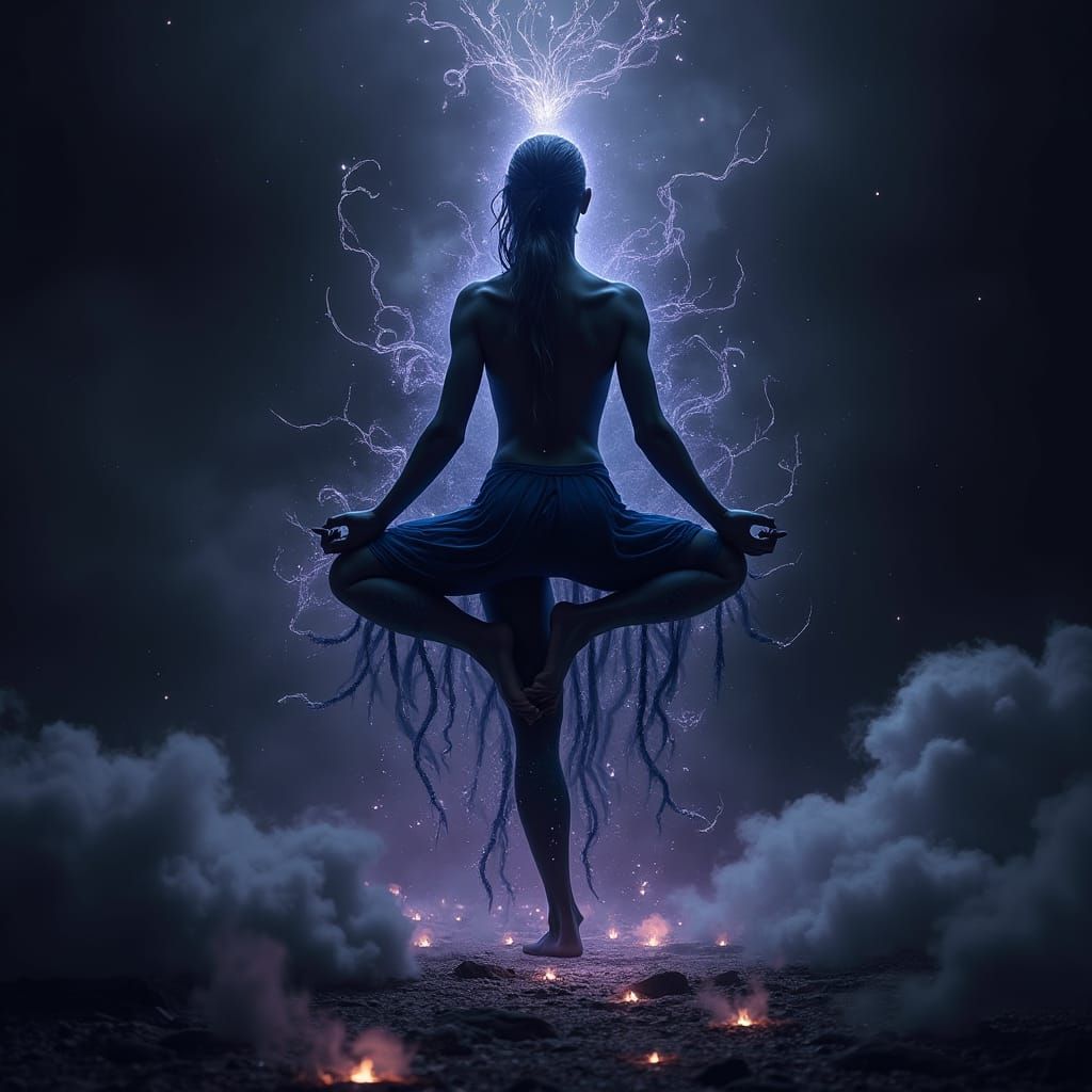 Mystical Yoga Silhouette in Dark, Dreamlike Environment