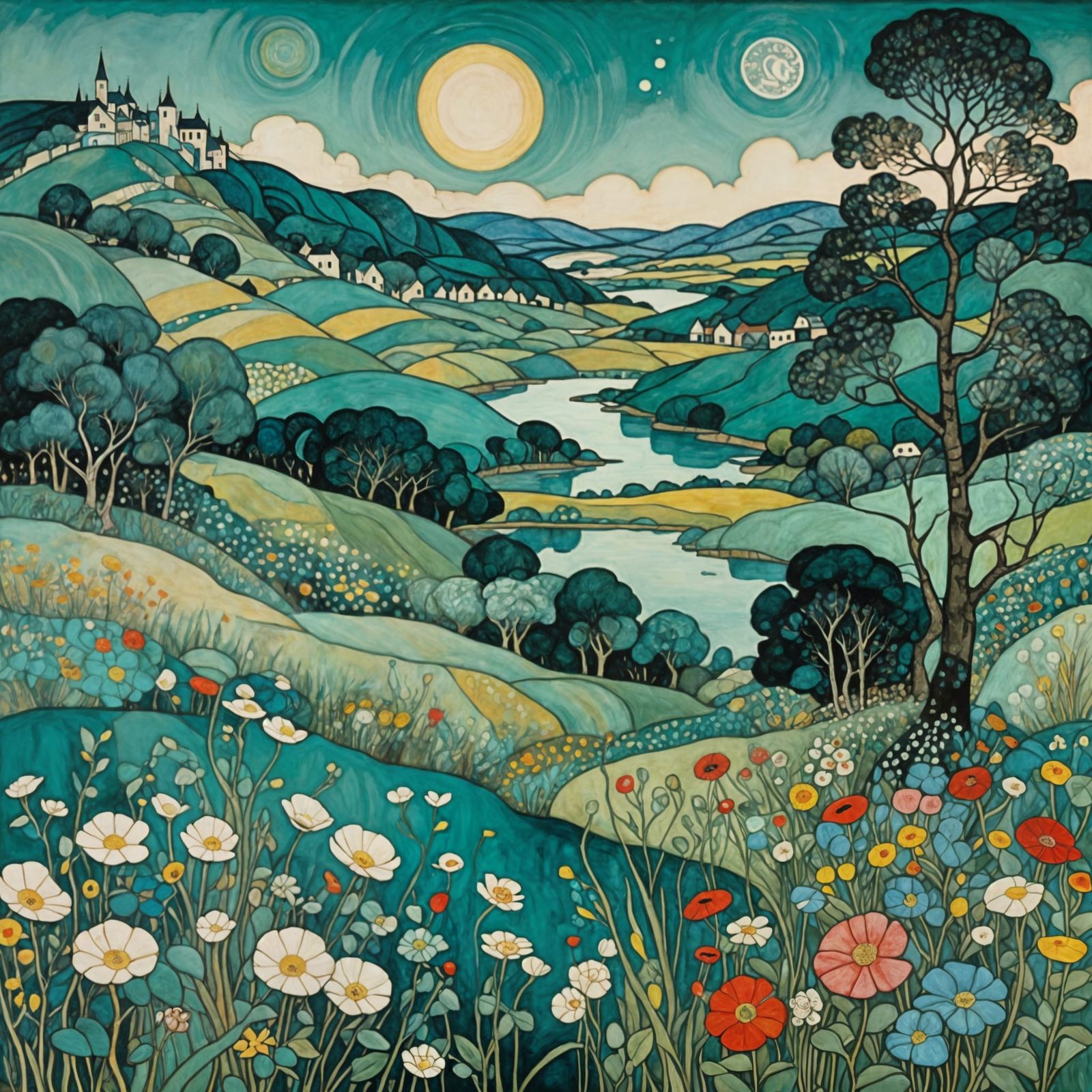 Teal and Turquoise Landscape in Art Nouveau Style