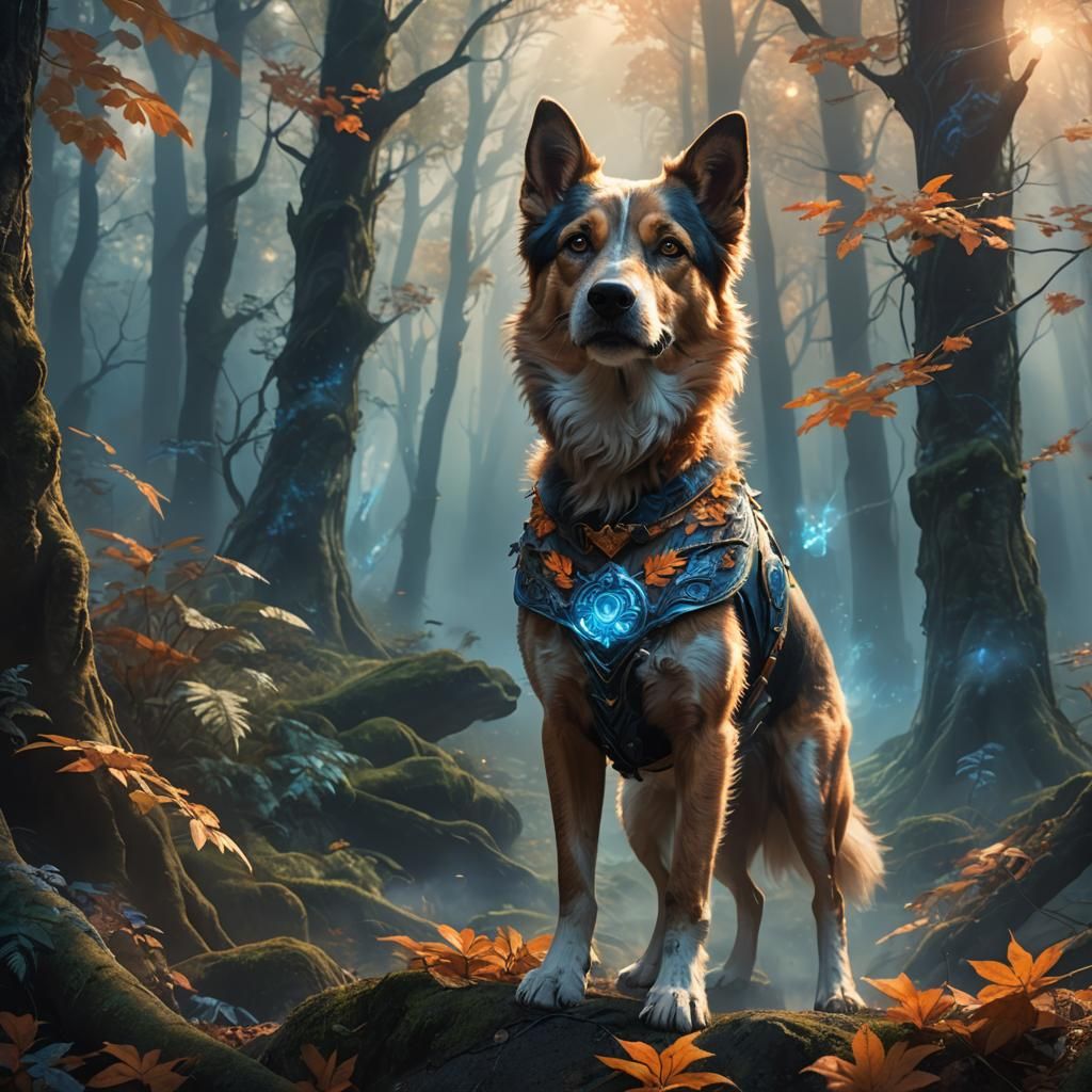 Heroic Superpowered Dog in Mystical Forest
