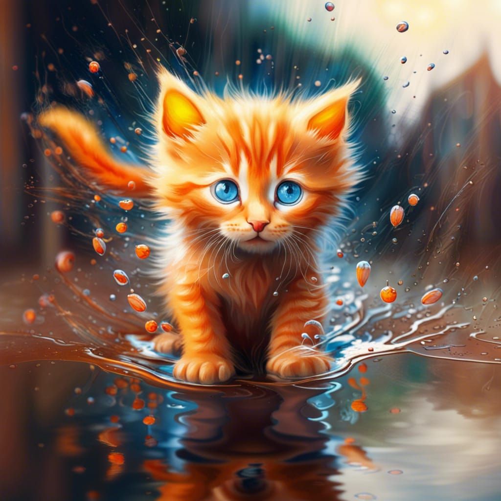 Magical Orange Kitten Splashing in Puddle