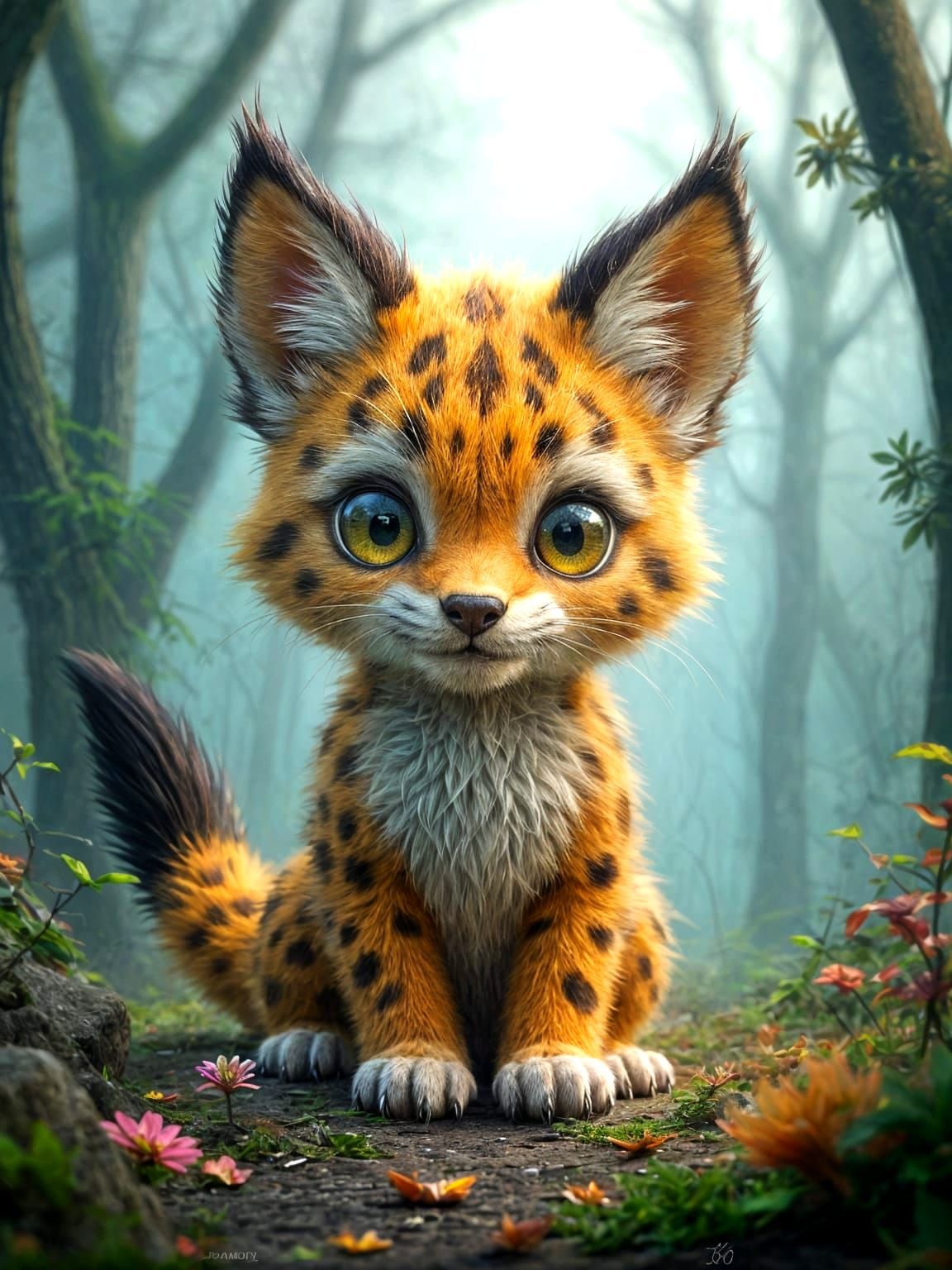 Adorable Chibi Leopard Wolf Cub in Misty Forest