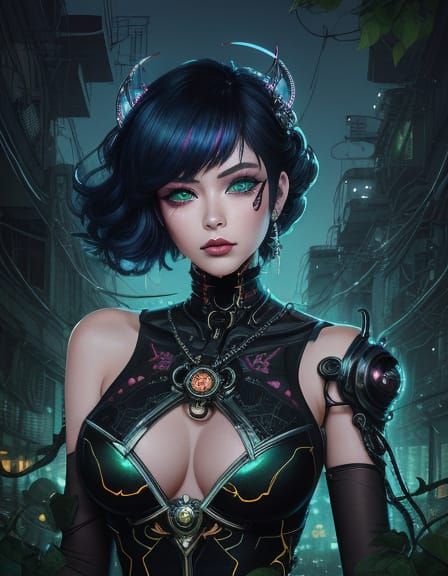 Solarpunk fantasy art. HQ. Ghost in the shell anime themed. D&D character design reference. Betty Boop's interpretation ...