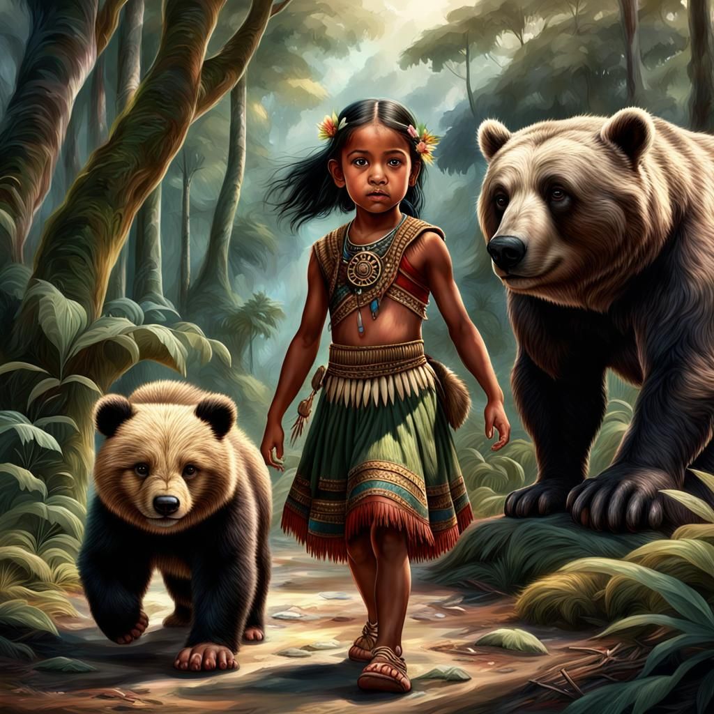 Taino Princess with Bear Cub in Forest Village
