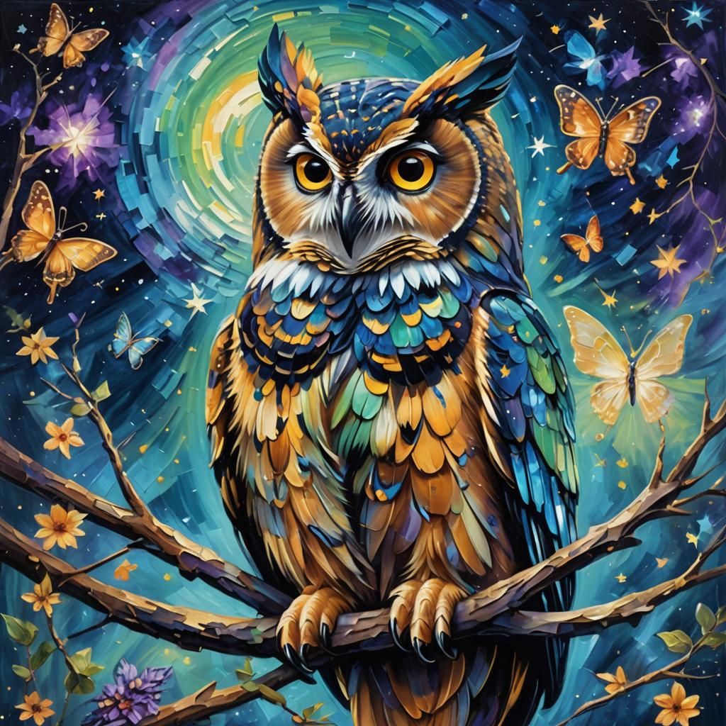 Owl and Butterfly Under Starry Sky as Oil Painting