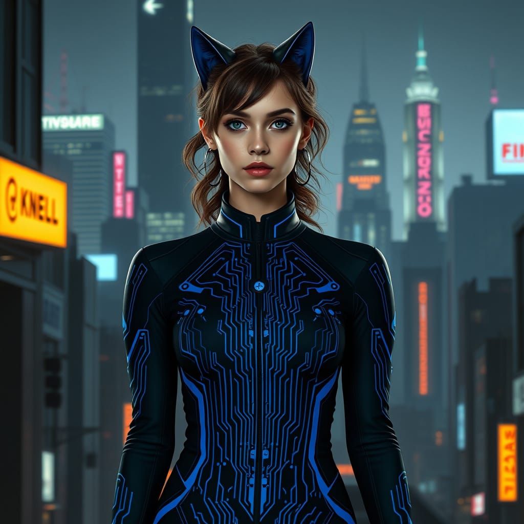Futuristic Woman in Cyberpunk Cityscape