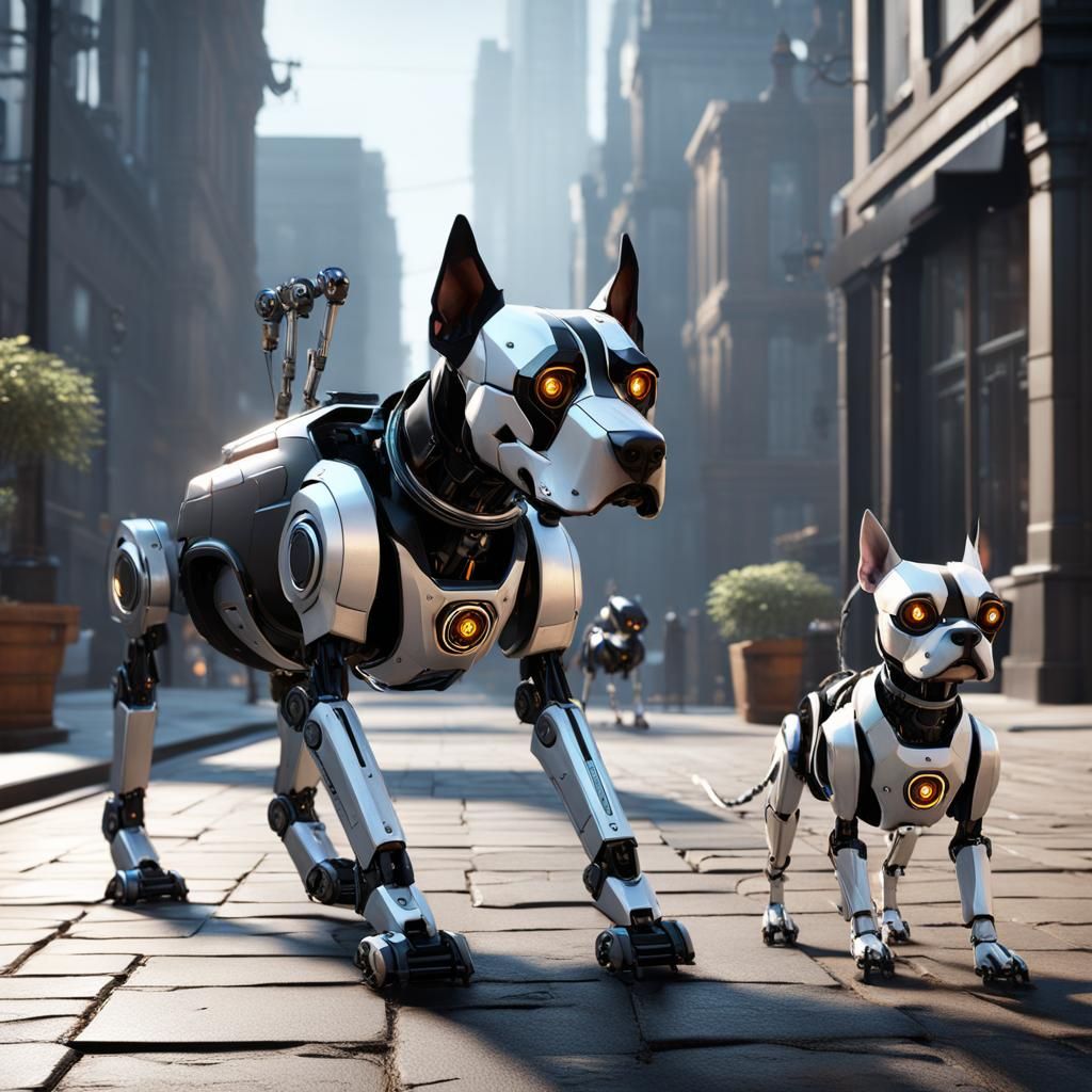 Robot Dogs Walk in Cyberpunk City, Digital Art