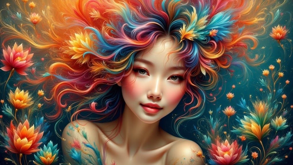 Ethereal Goddess in Vibrant Floral Wonderland, in Li Di's St...