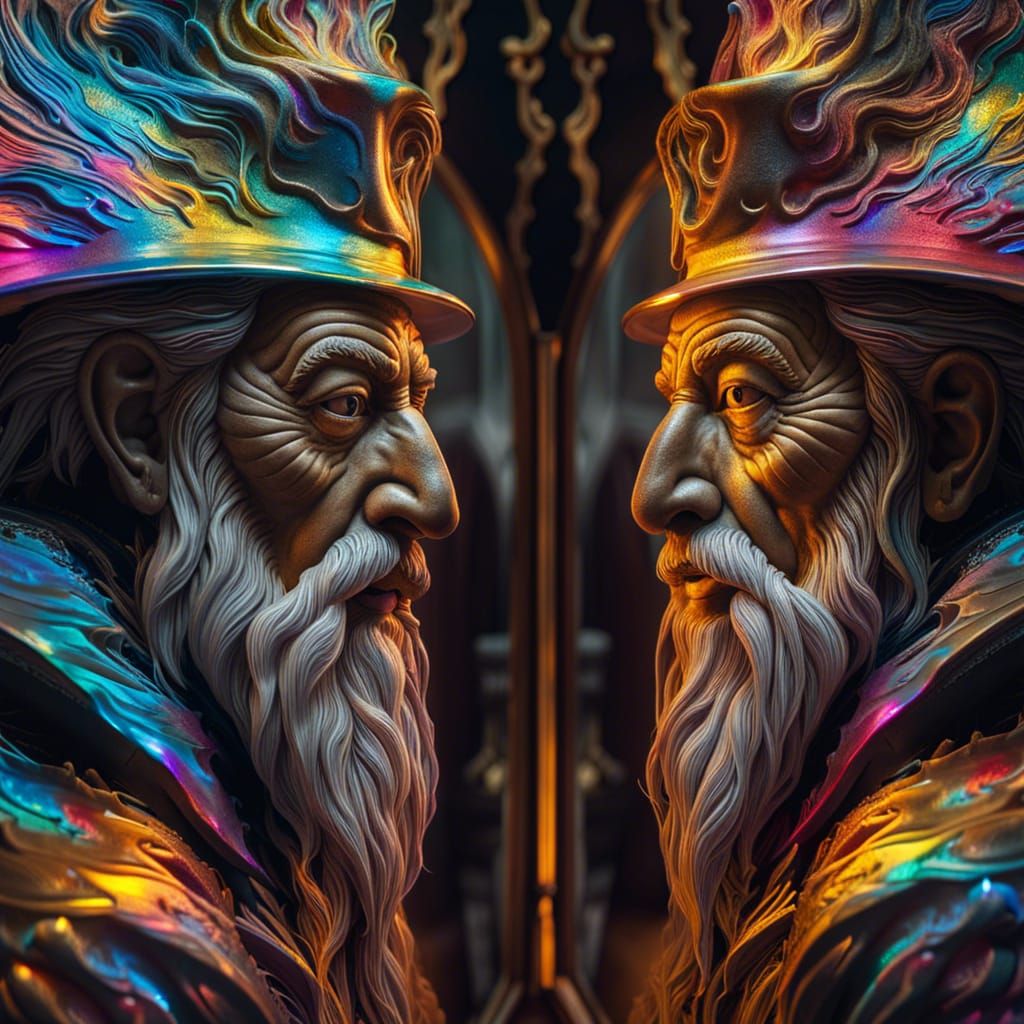 Old Wizard and Reflection as Oil Painting