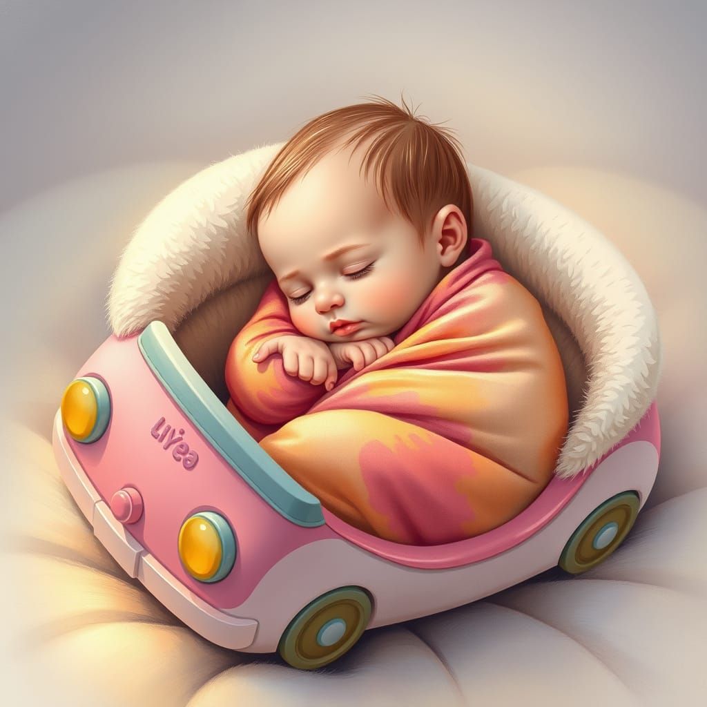 Newborn Baby Sleeping in Toy Car Bed