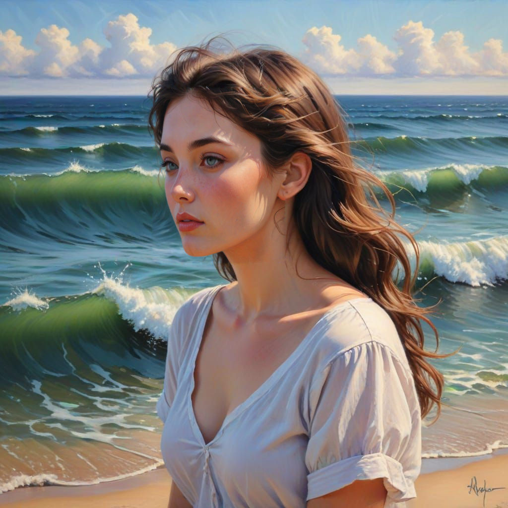 Woman Listens to Ocean in Oil Pastel Painting