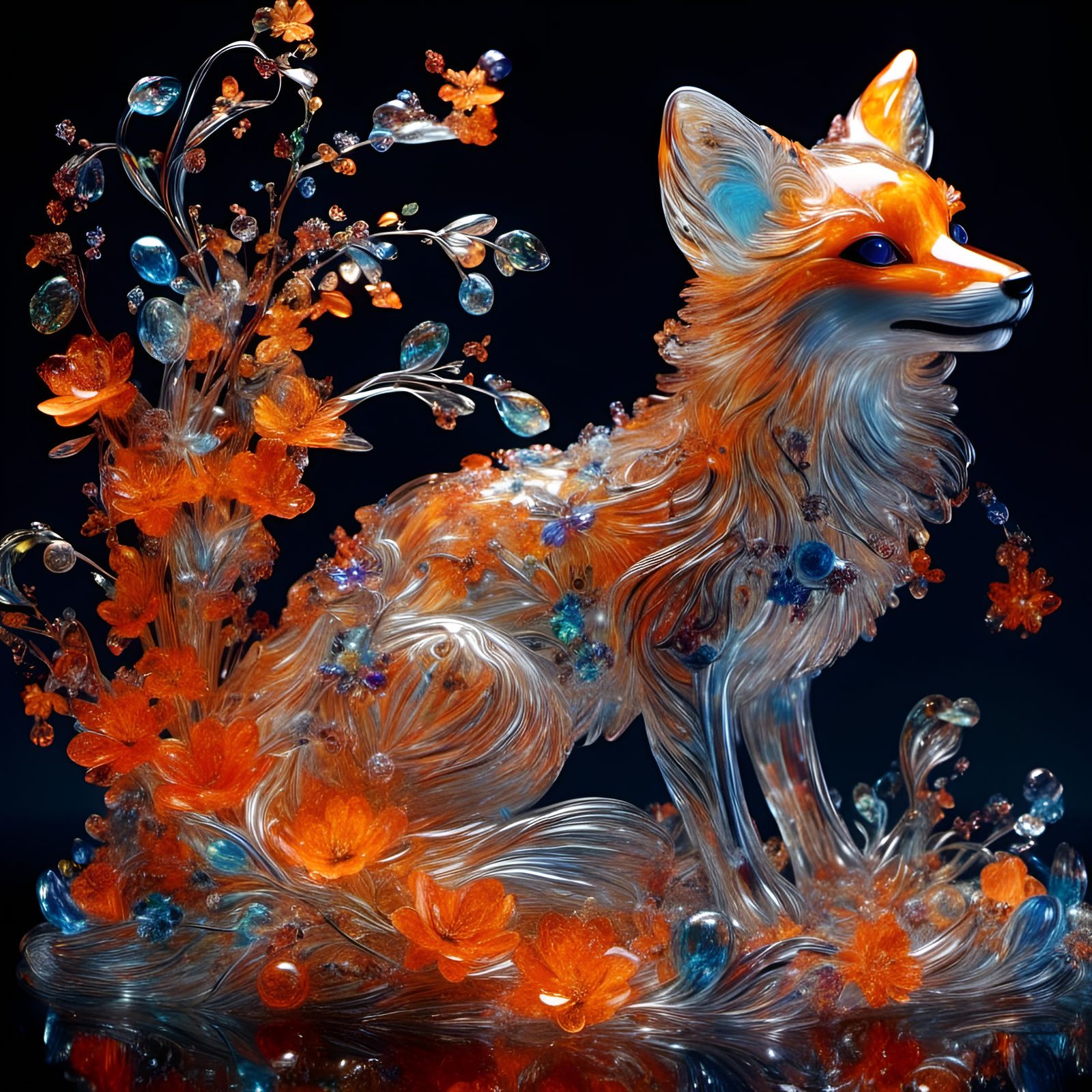 Opalescent Crystal Fox with Bioluminescent Plants