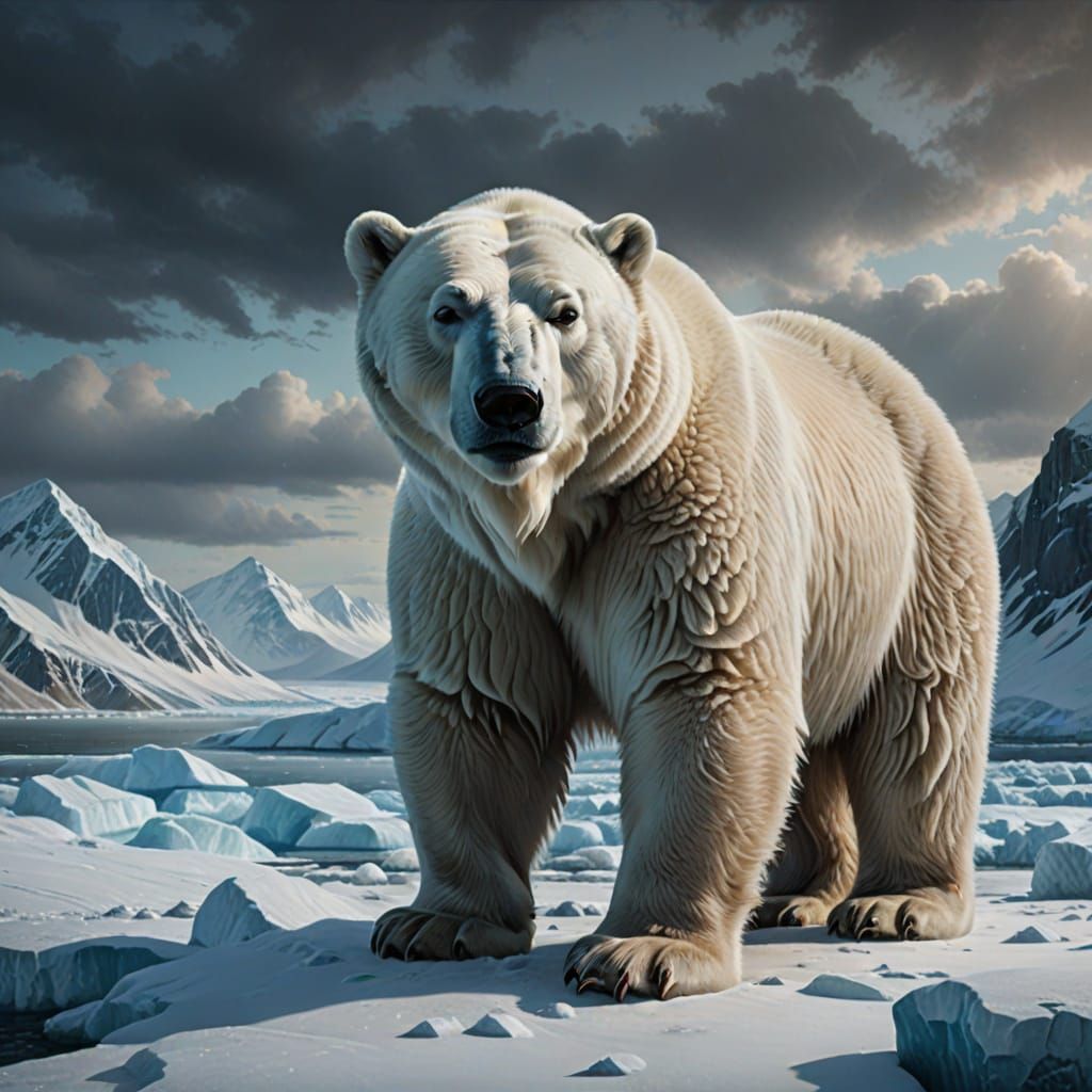 Detailed Polar Bear in Arctic Landscape Painting