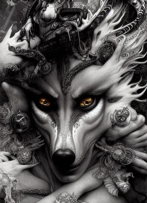 Creepy Punk Wolf Portrait in Art Nouveau Style