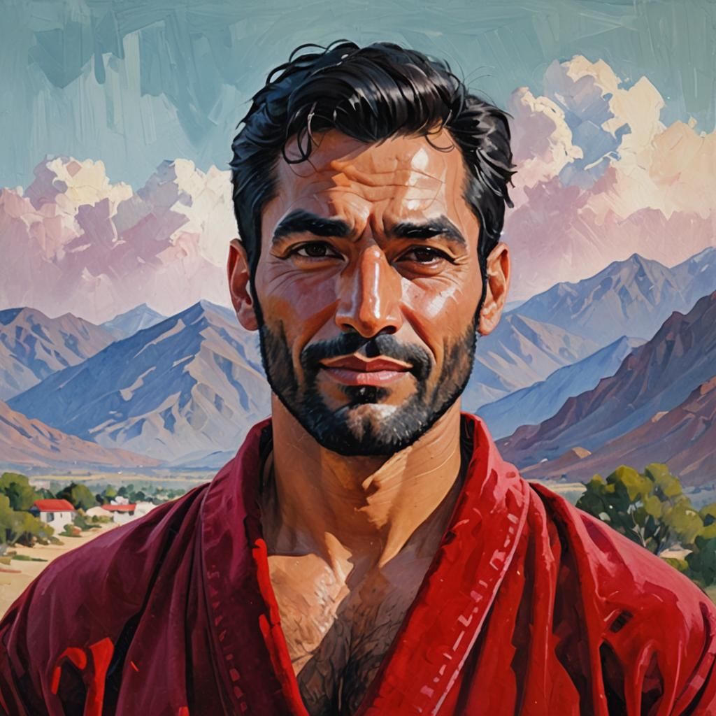 Attractive Man in Red Robe: Impressionist Oil Painting