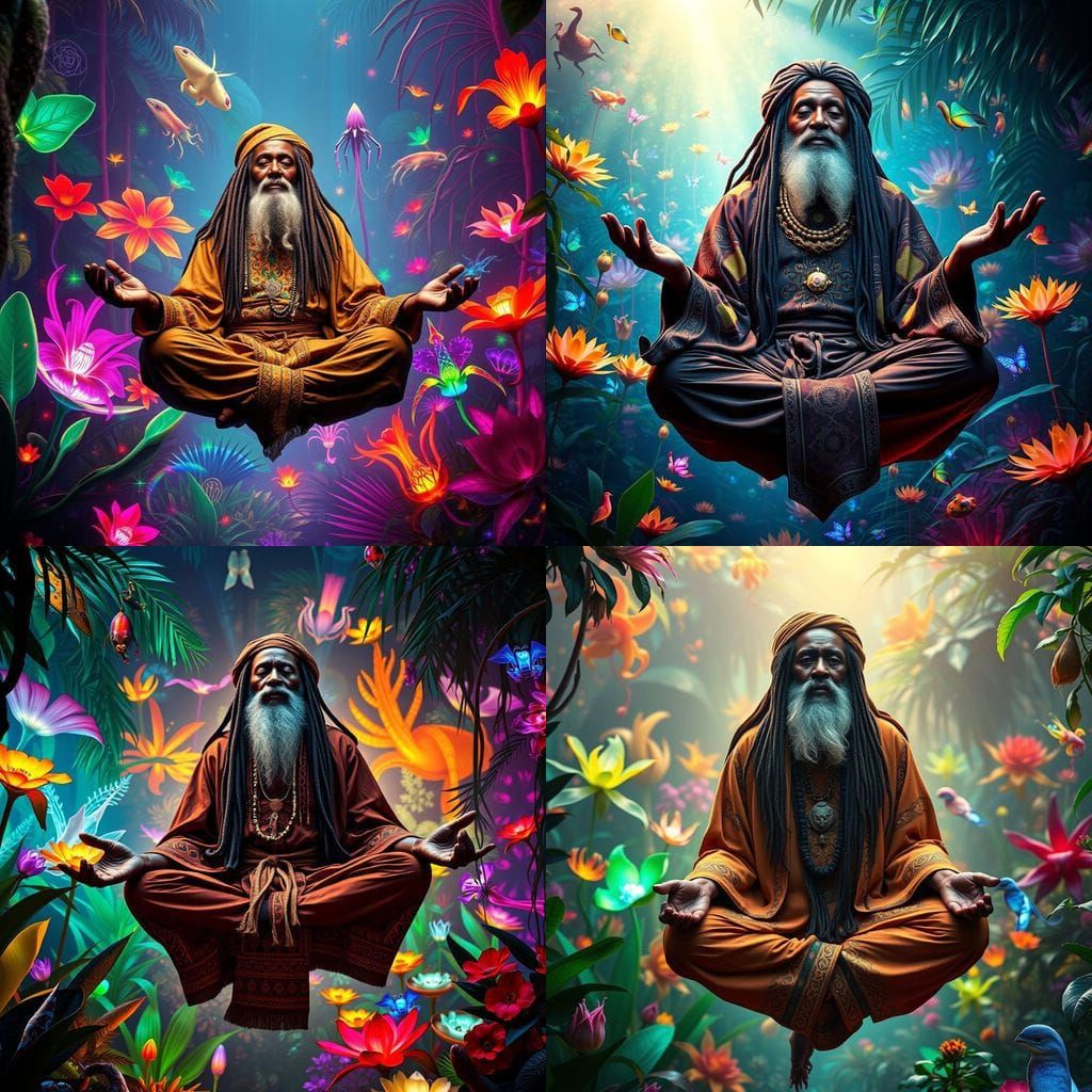 A wise, old Rastafarian guru levitating in a meditative pose amidst a vibrant, otherworldly garden filled with exotic, g...