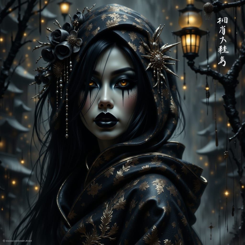 Gothic Geisha with Fangs in Haunted Garden