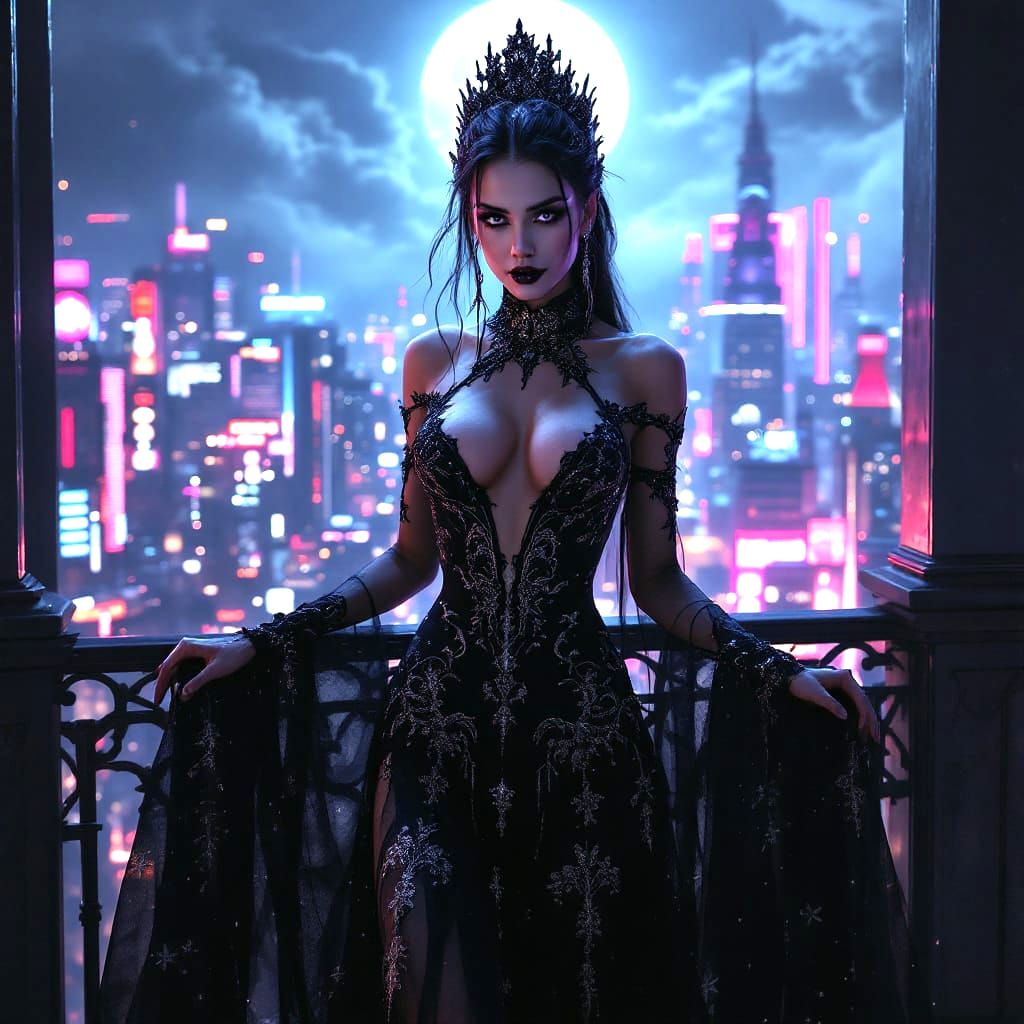 Gothic Princess in Moonlight Over Neon Cityscape