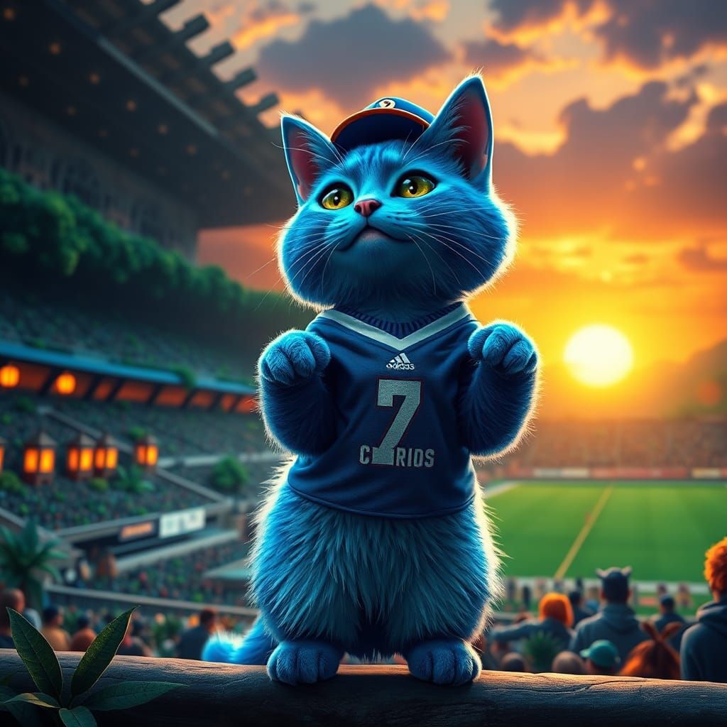 Electric Blue Cat Cheers in Fantasy Stadium