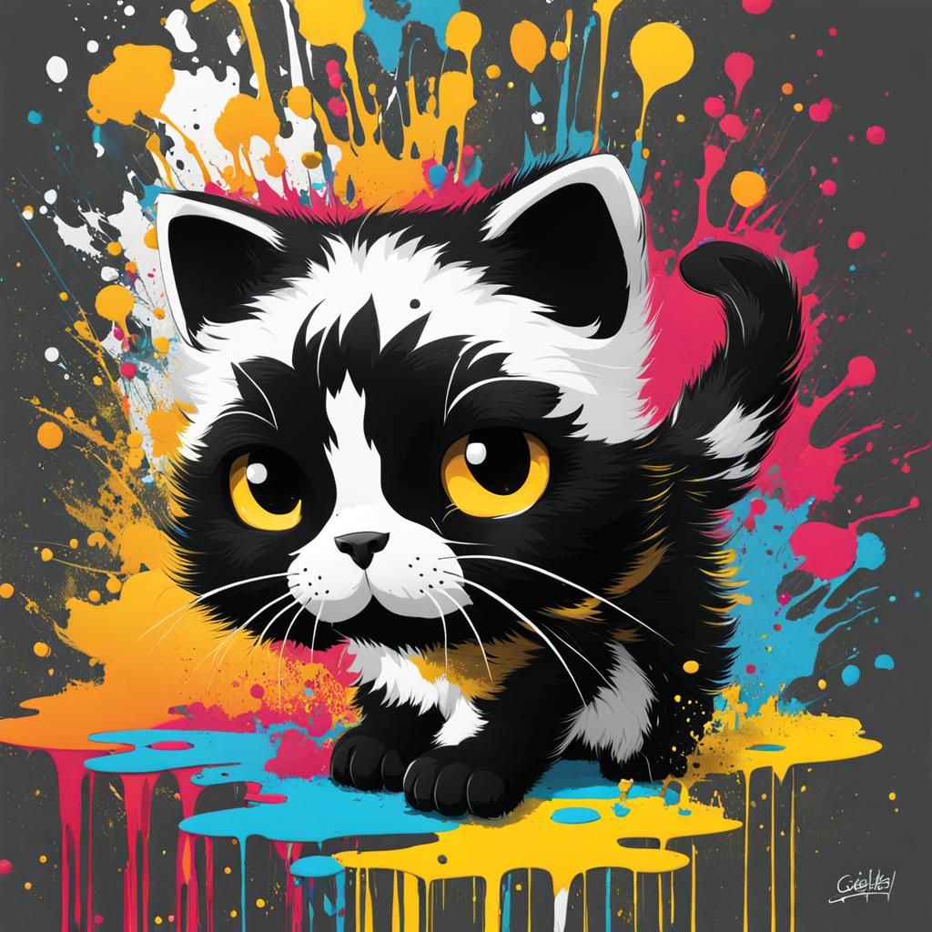 Colorful Kitten Graffiti Art: Splatter Paint Style