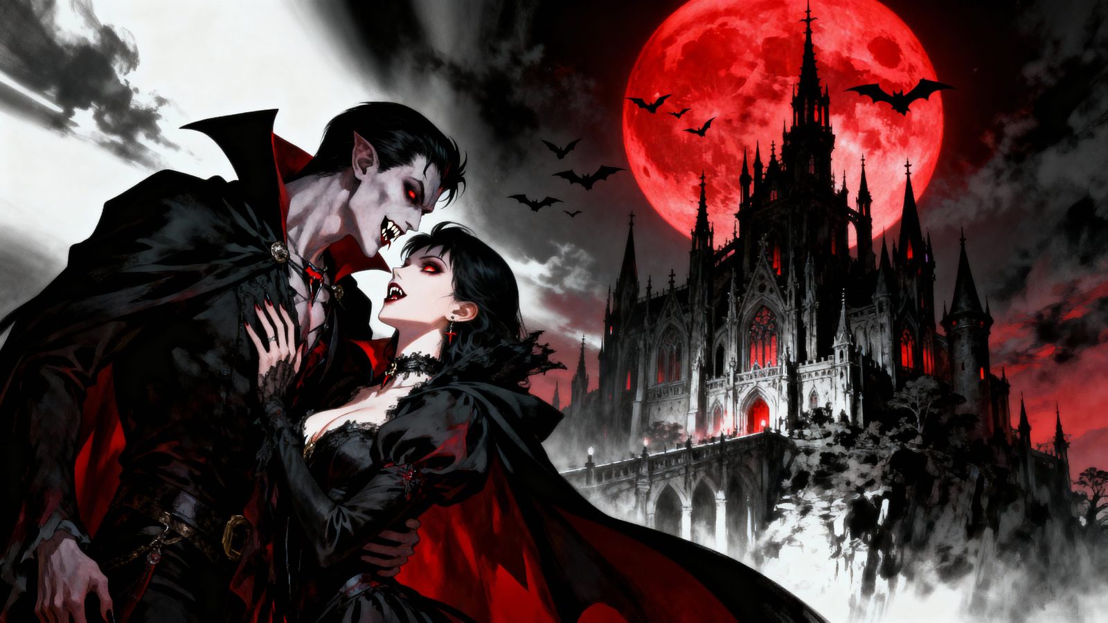 Vampire Couple Embrace in Dark Fantasy Anime Style