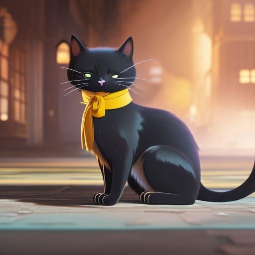 Charming Black Cat with Yellow Eyes in Anime Style