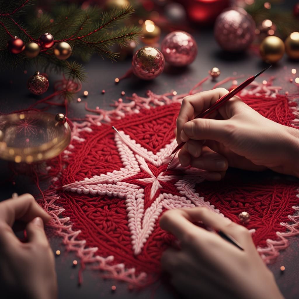 Woman Embroidering Christmas Star: Detailed Matte Painting