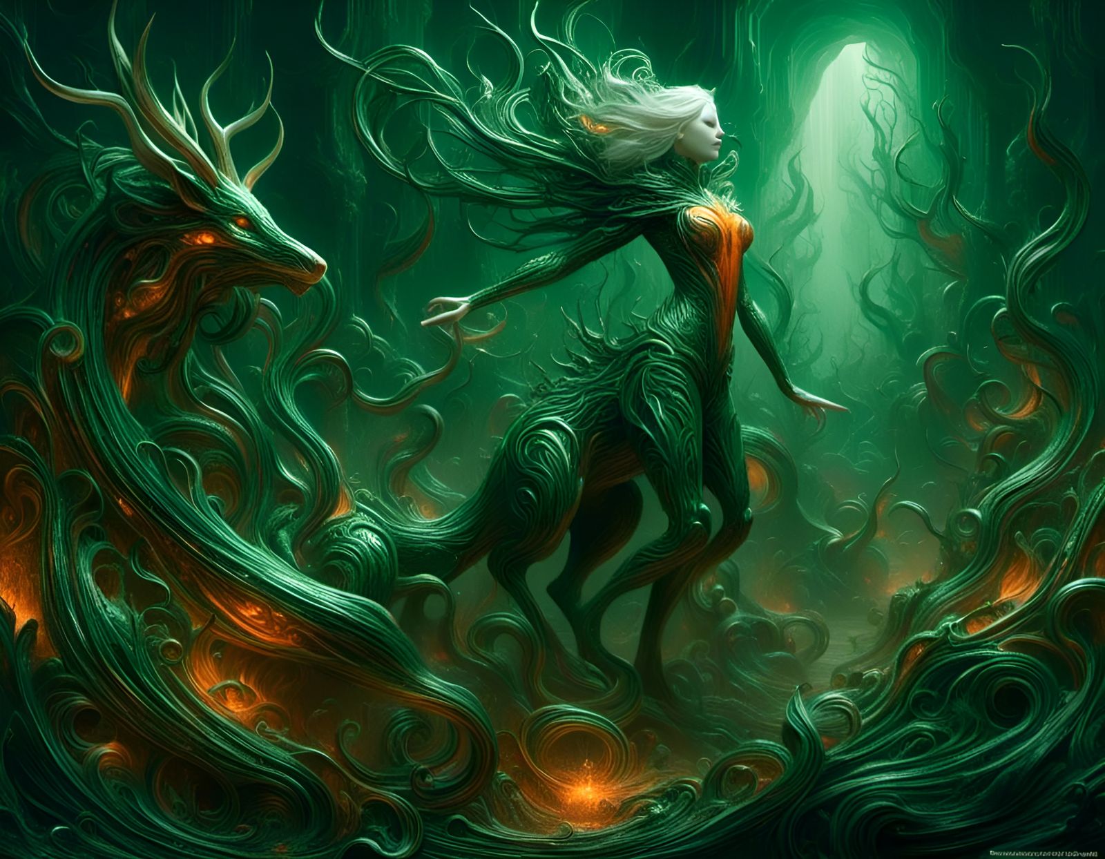 Surreal Ethereal Creature in Dark Green and Orange