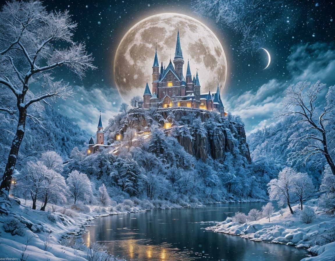 Majestic Snowy Castle Fantasy Landscape Under Moonlight