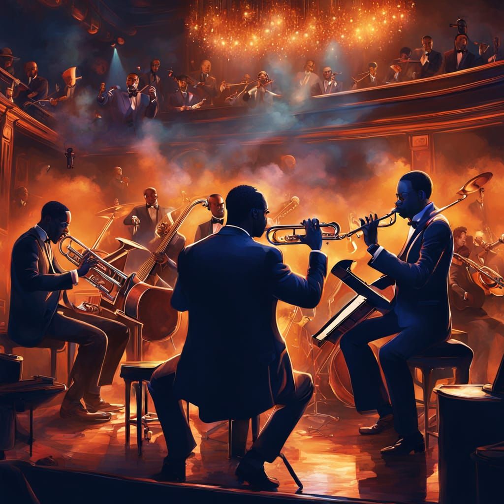 Smoky Jazz Club Scene with Vibrant Musical Notes