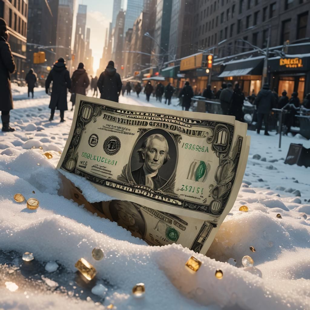 Dollar Bill Frozen on Snowy New York Street