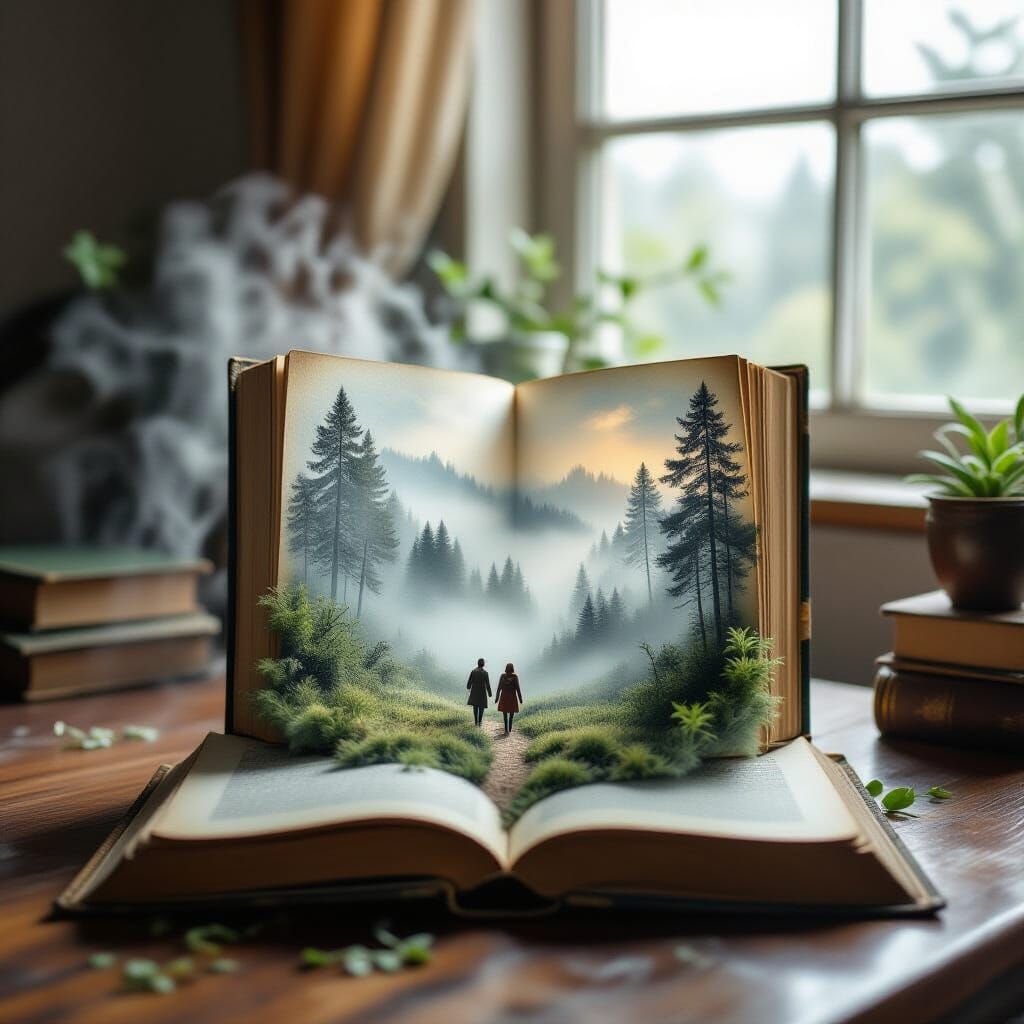 Magical Forest Scene Spills From Open Book