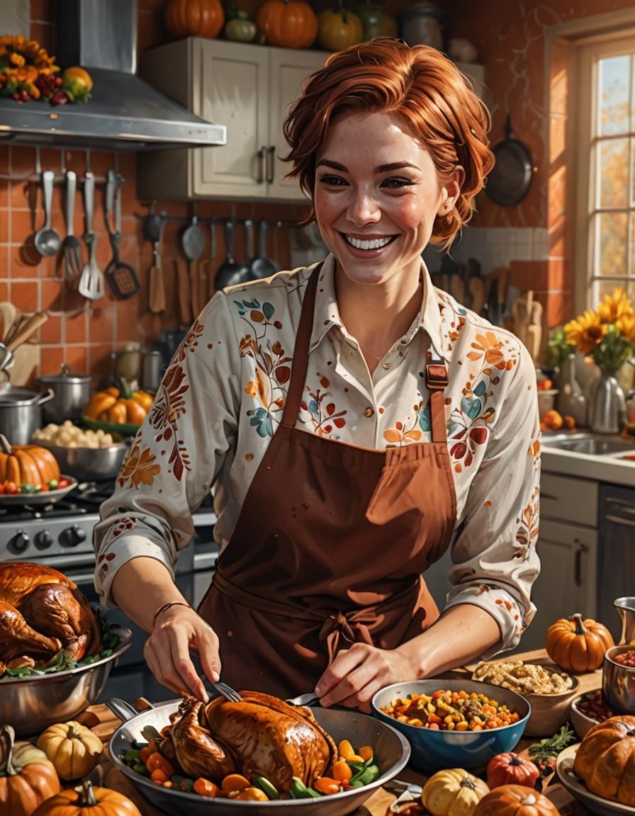 Woman Cooking Thanksgiving Dinner in Hyperrealistic Style