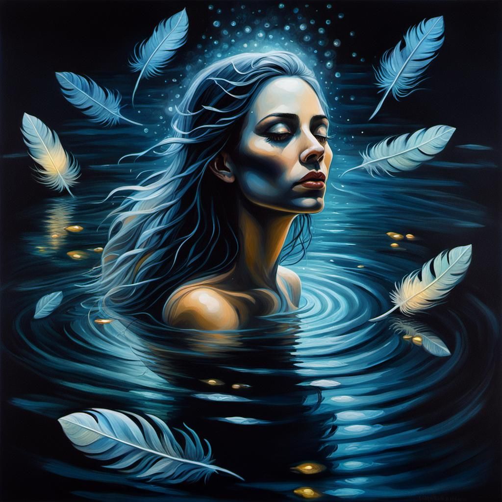 Mysterious Woman in Midnight Pond: Surreal Oil Painting