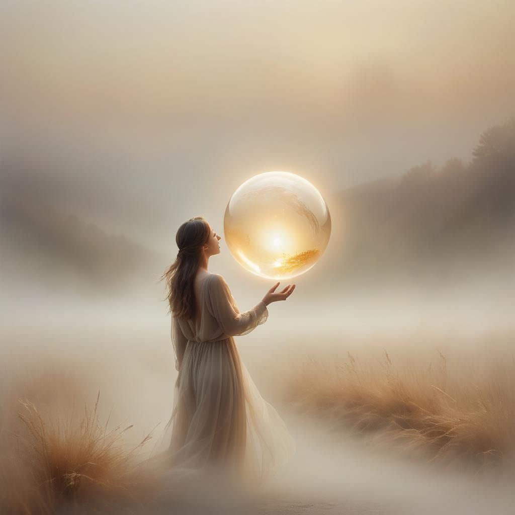 Ethereal Figure Releases Orb in Misty Landscape