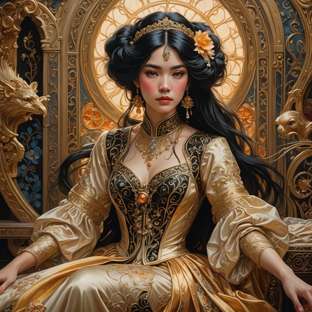Elegant Lady in Art Nouveau Setting as Golden Oil Painting