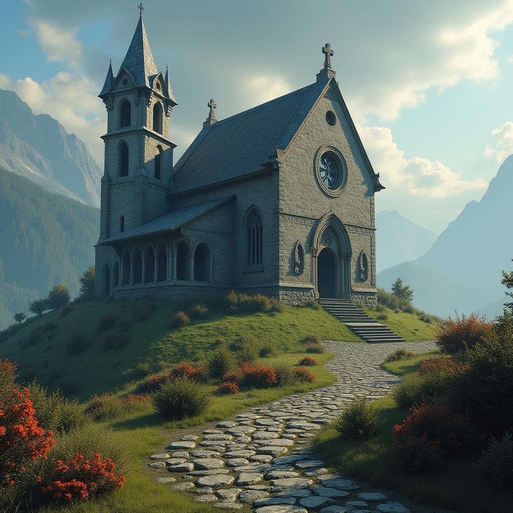 Abandoned Medieval Chapel on Hill: Fantasy Concept Art