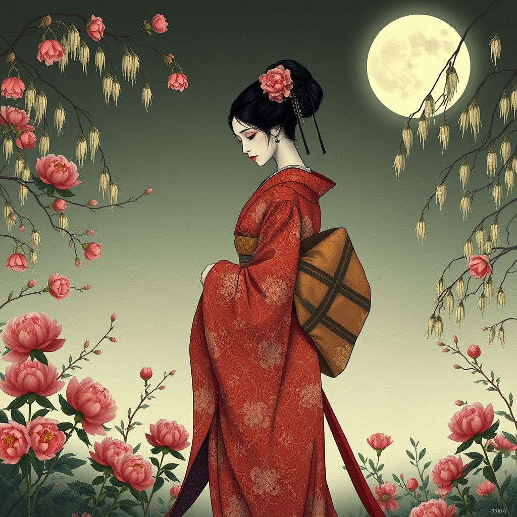 Melancholic Geisha in Moonlit Garden, Art Nouveau Style