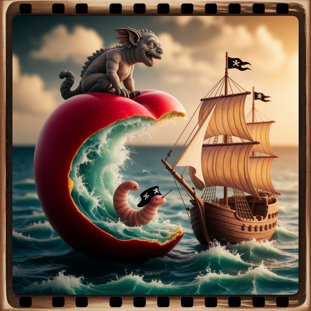 Surreal Caribbean Scene: Worm Pirate on Apple Seas