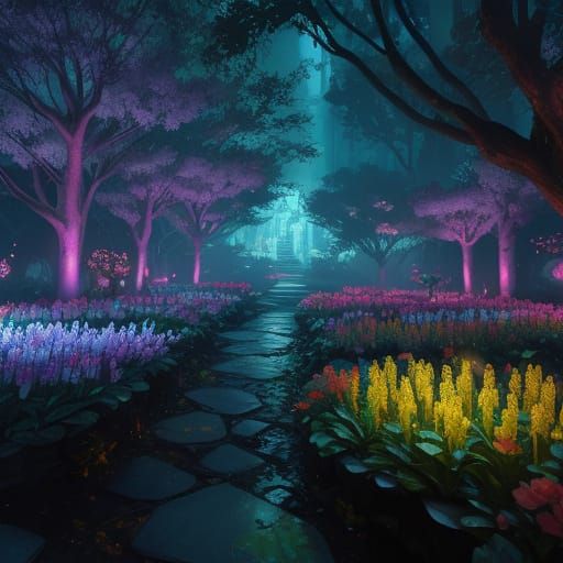 Enchanted Forest Garden with Glowing Flowers in Cyberpunk St...