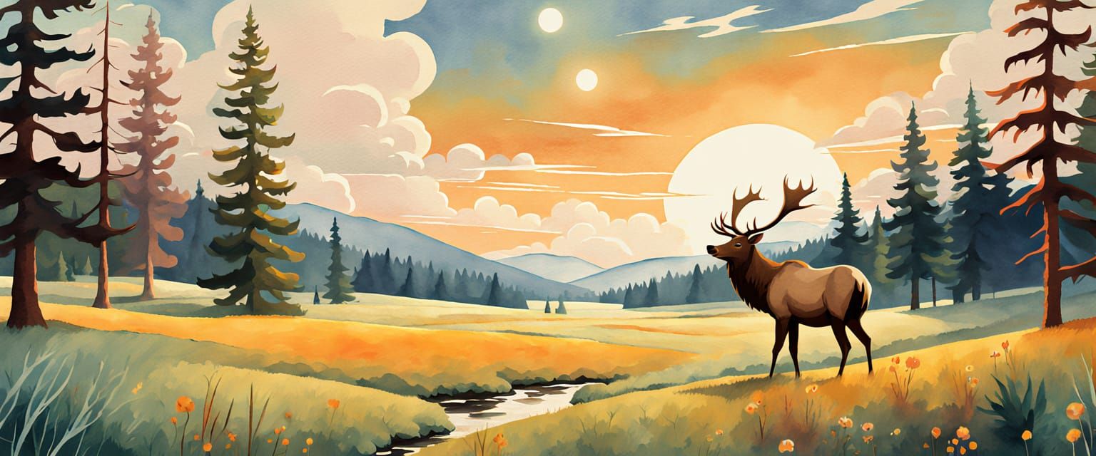 Folk Art Elk in Expansive Landscape Under Huge Sky