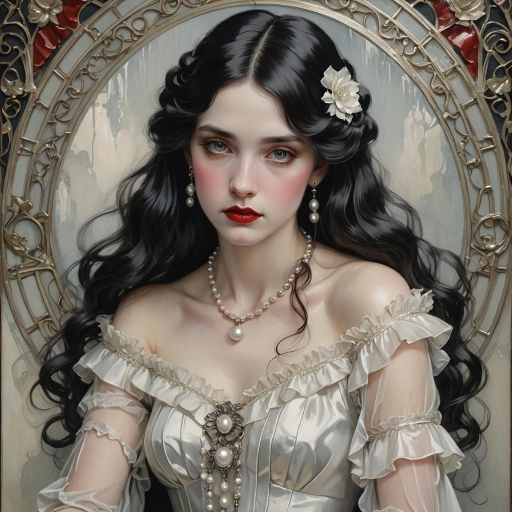 Art Nouveau Portrait of Woman with Pearl Pendant