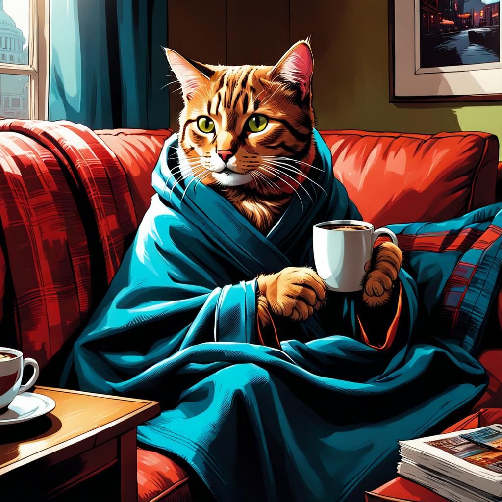 Cat Relaxing on Couch in Comic Book Art Style
