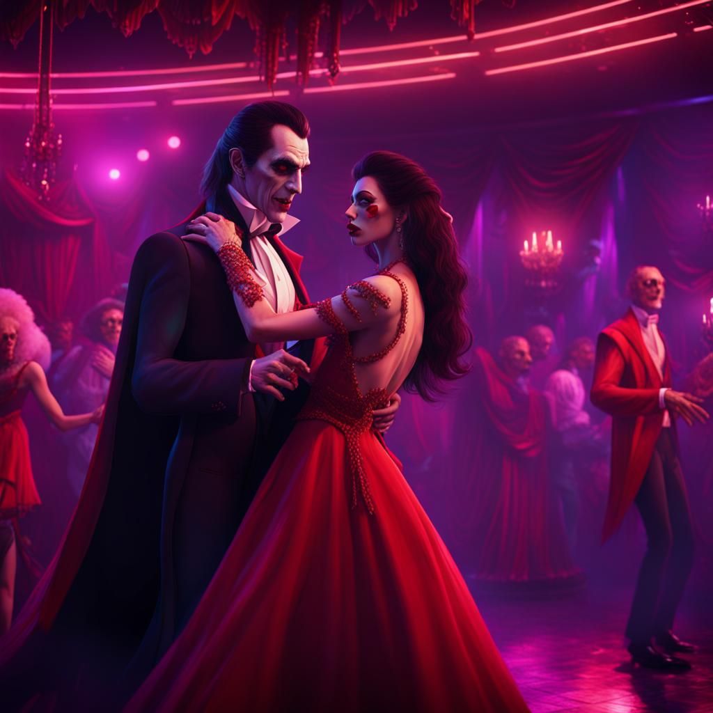 Dracula and Bride Dancing at 70s Disco, Detailed Painting