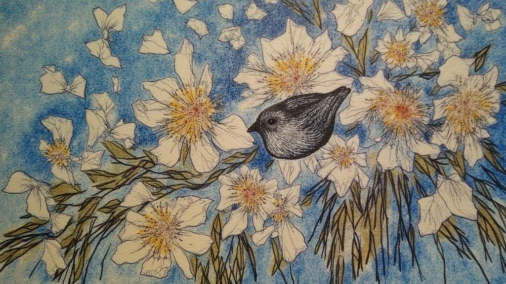 Bioluminescent Sparrow Blossoms in Collapsing Ruins