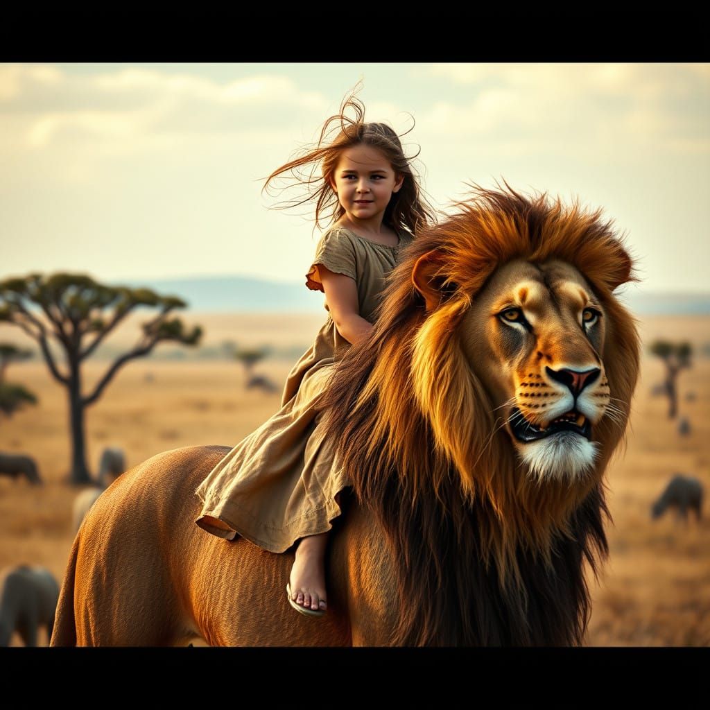 Fearless Girl Rides Majestic Lion Across Golden Savannah
