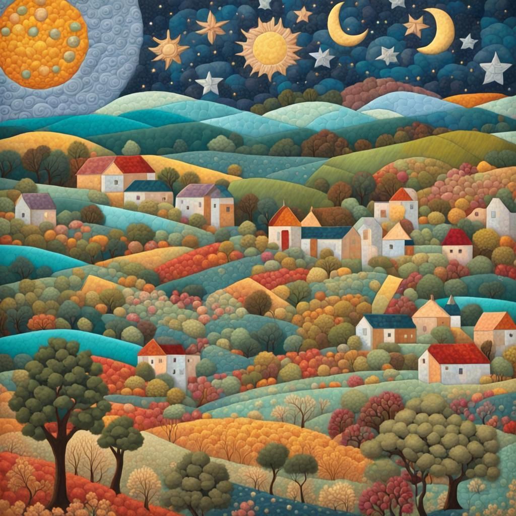 Vibrant Patchwork Quilt of Rural and Celestial Scenes