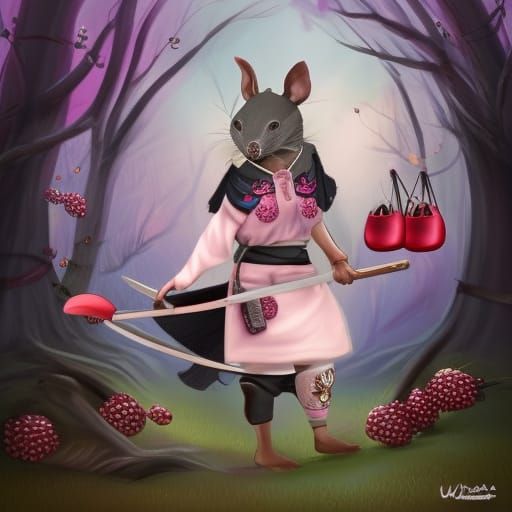 Cute Ratfolk Samurai Woman in Rainbow Berry Forest