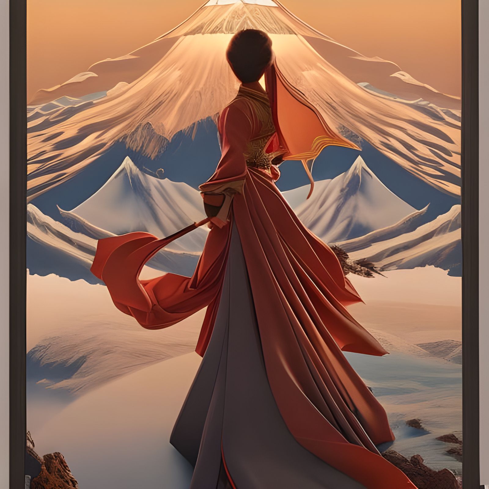 Mother and Child Ascend Mount Fuji: Art Nouveau Style